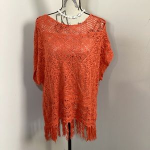 Dressbarn Women’s Orange Bohemian Open Knit Short Sleeves Sweater Top Fringes